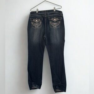 Y2K Dark Wash Bootcut Jeans Embellished Pocket Rhinestone Detail
